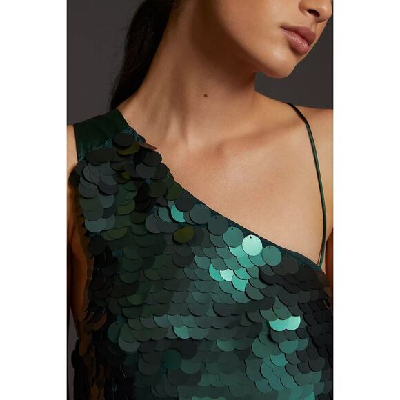 Anthropologie x Maeve Women's Sequined One-Shoulder Mini Dress Forrest Green NWT - Picture 3 of 14